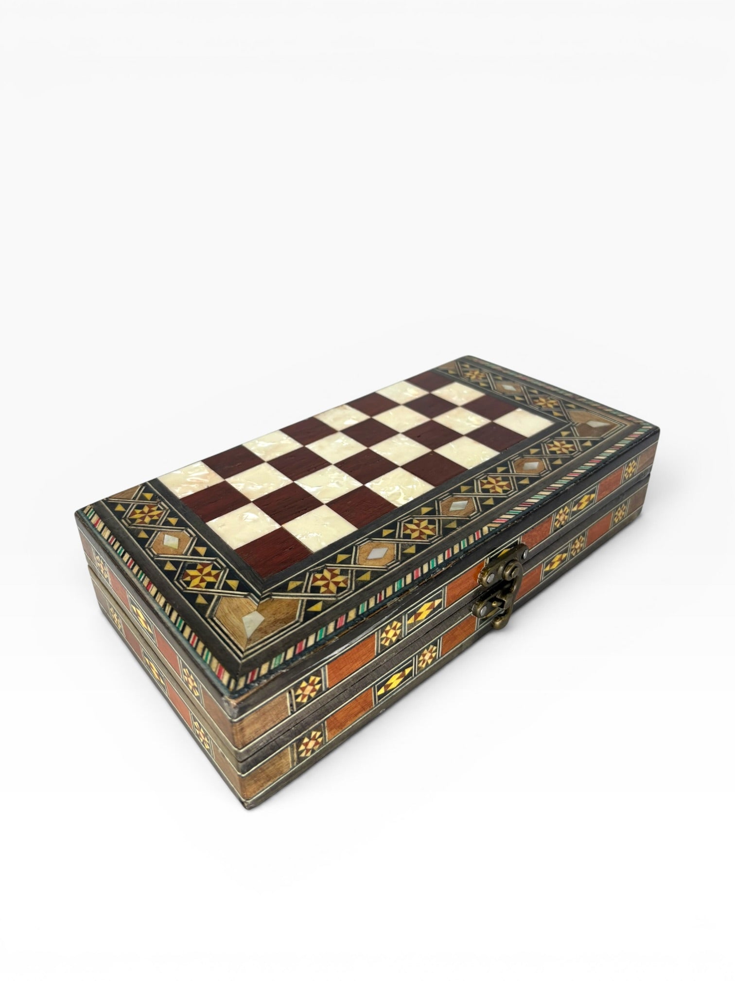 Ahşap El İşçiliği Sedef Detaylı Mini Tavla Seti 23x23 cm | Çanta Model Seyahat Tavlası - Bordo