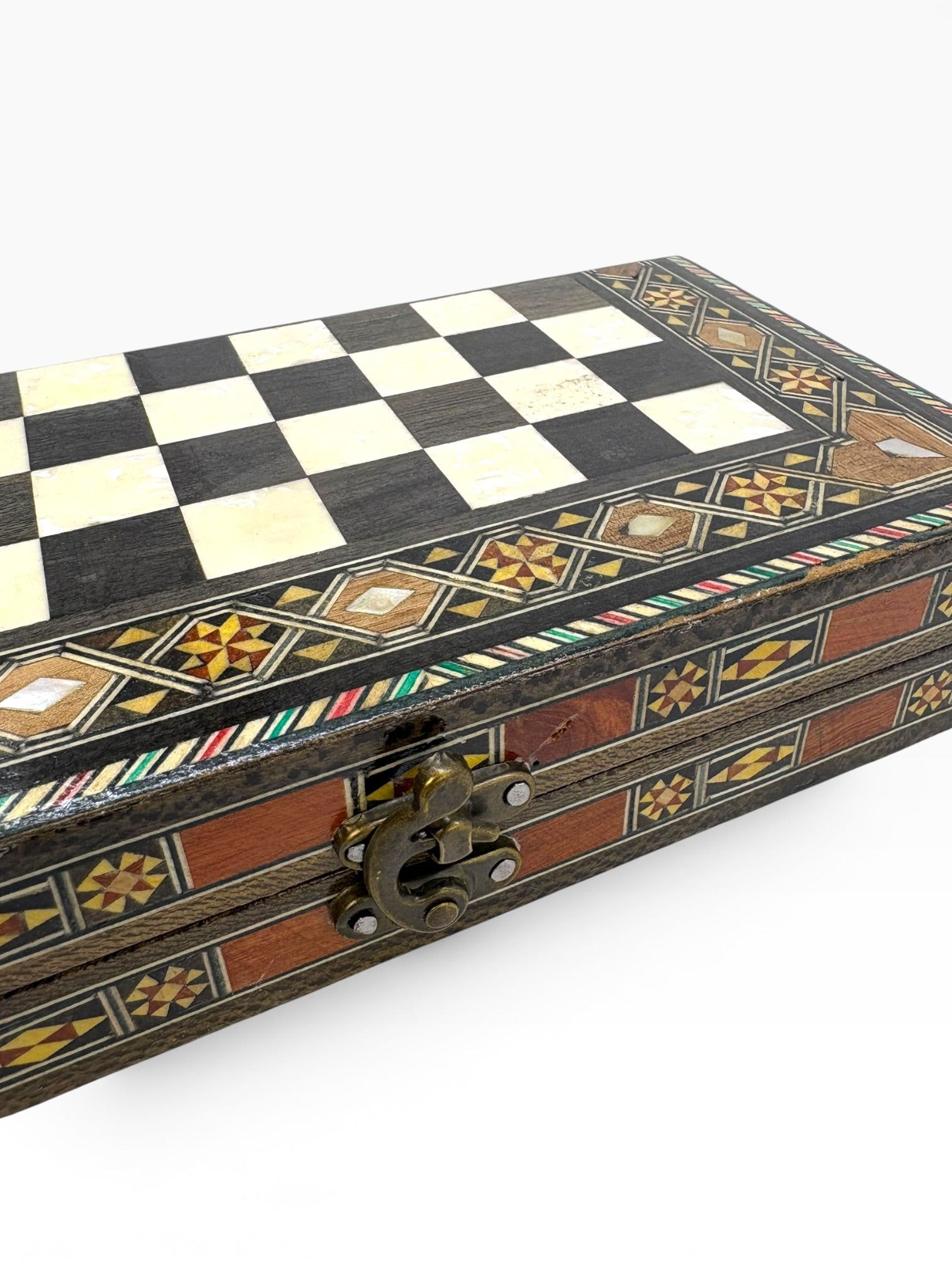 Ahşap El İşçiliği Sedef Detaylı Mini Tavla Seti 23x23 cm | Çanta Model Seyahat Tavlası - Siyah