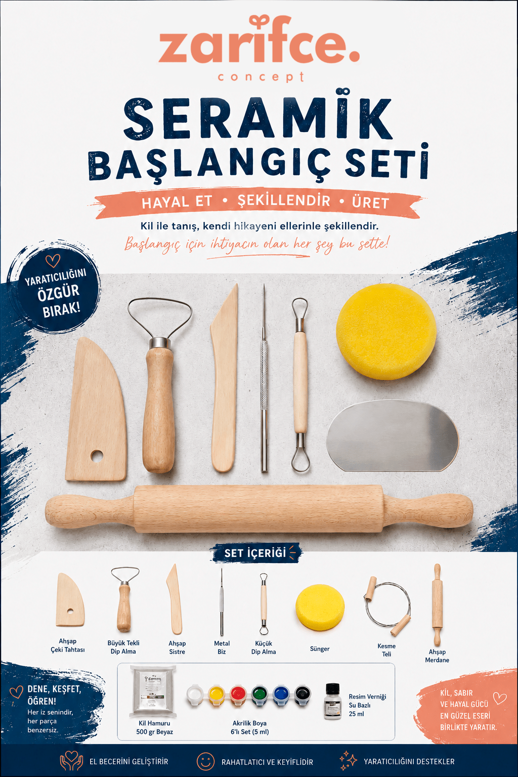 Seramik Başlangıç Seti – Kil, Şekillendirme Aletleri ve Akrilik Boya Seti - zarifceconcept-2