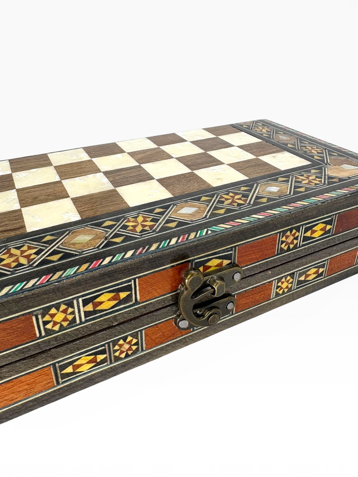 Ahşap El İşçiliği Sedef Detaylı Mini Tavla Seti 23x23 cm | Çanta Model Seyahat Tavlası - Kahve