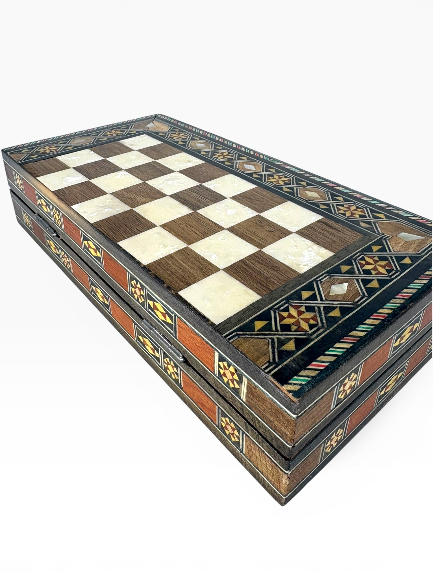 Ahşap El İşçiliği Sedef Detaylı Mini Tavla Seti 23x23 cm | Çanta Model Seyahat Tavlası - Kahve