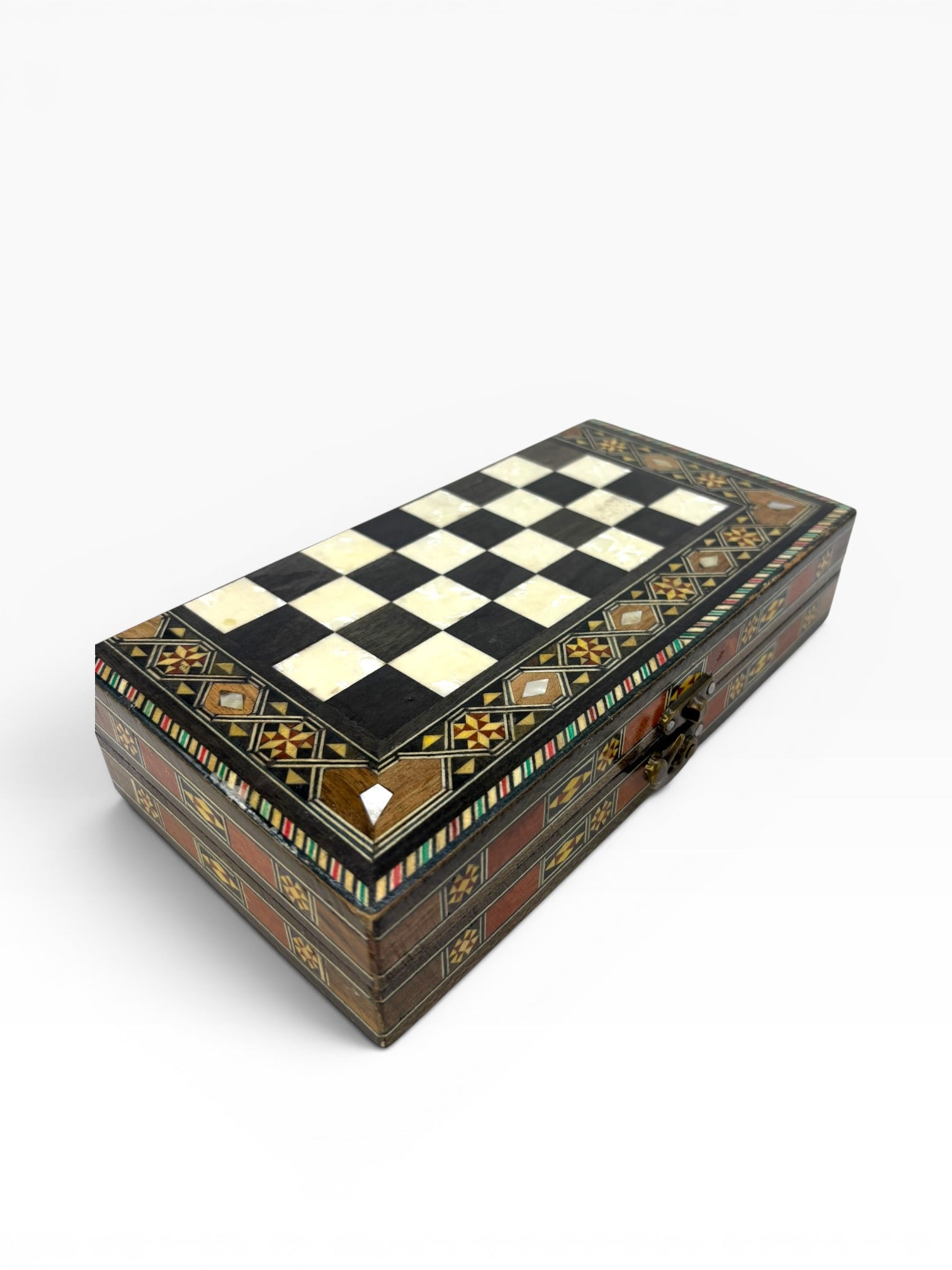 Ahşap El İşçiliği Sedef Detaylı Mini Tavla Seti 23x23 cm | Çanta Model Seyahat Tavlası - Siyah