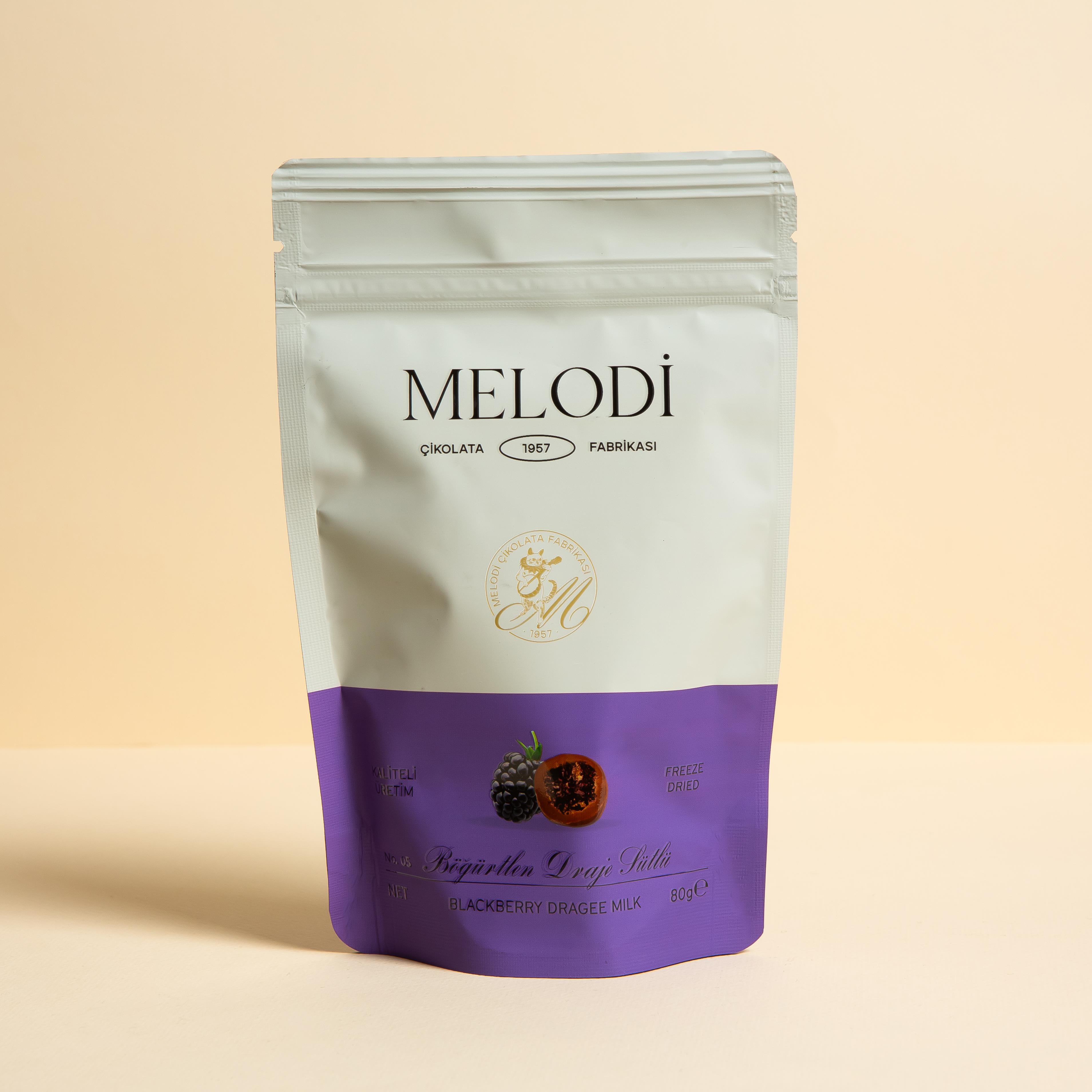 Melodi Sütlü Böğürtlen Draje 80 gr – Freeze Dried Böğürtlenli Gurme Çikolata Draje